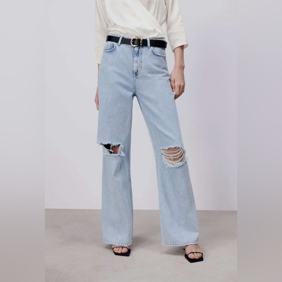 NWOT ZARA WIDE LEG RIPPED JEANS - Picture 1 of 6